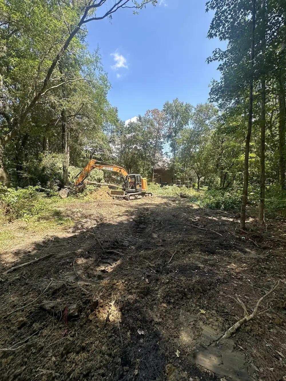 Wooded lot being cleared, excavator in the distance