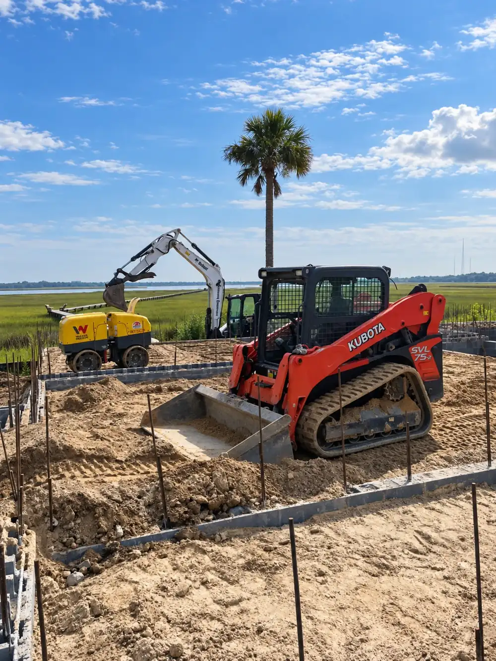 Track loader and excavator working a sandy lot at the marsh edge